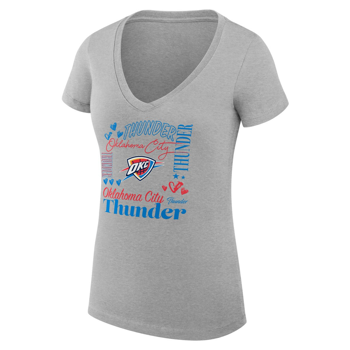 Oklahoma City Thunder G-III 4Her by Carl Banks Women's Super-Slim Fit Lightweight Team Name Collage Graphic V-Neck T-Shirt - Heather Gray sale