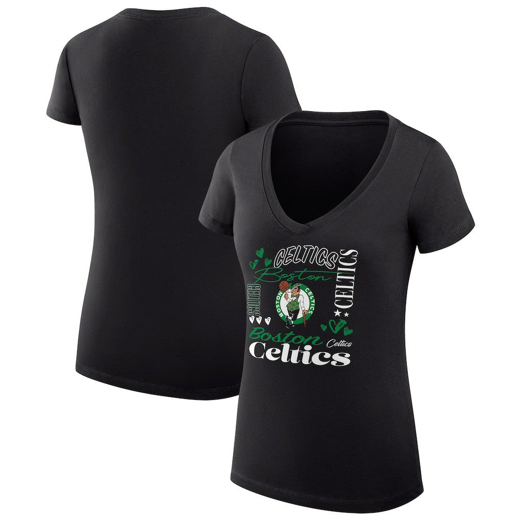 Boston Celtics G-III 4Her by Carl Banks Women's Super-Slim Fit Lightweight Team Name Collage Graphic V-Neck T-Shirt - Black for sale