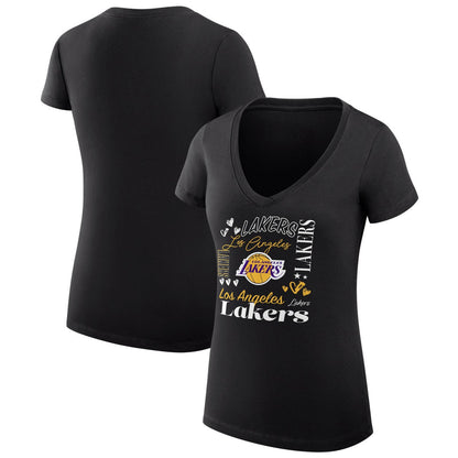Los Angeles Lakers G-III 4Her by Carl Banks Women's Super-Slim Fit Lightweight Team Name Collage Graphic V-Neck T-Shirt - Black cheap