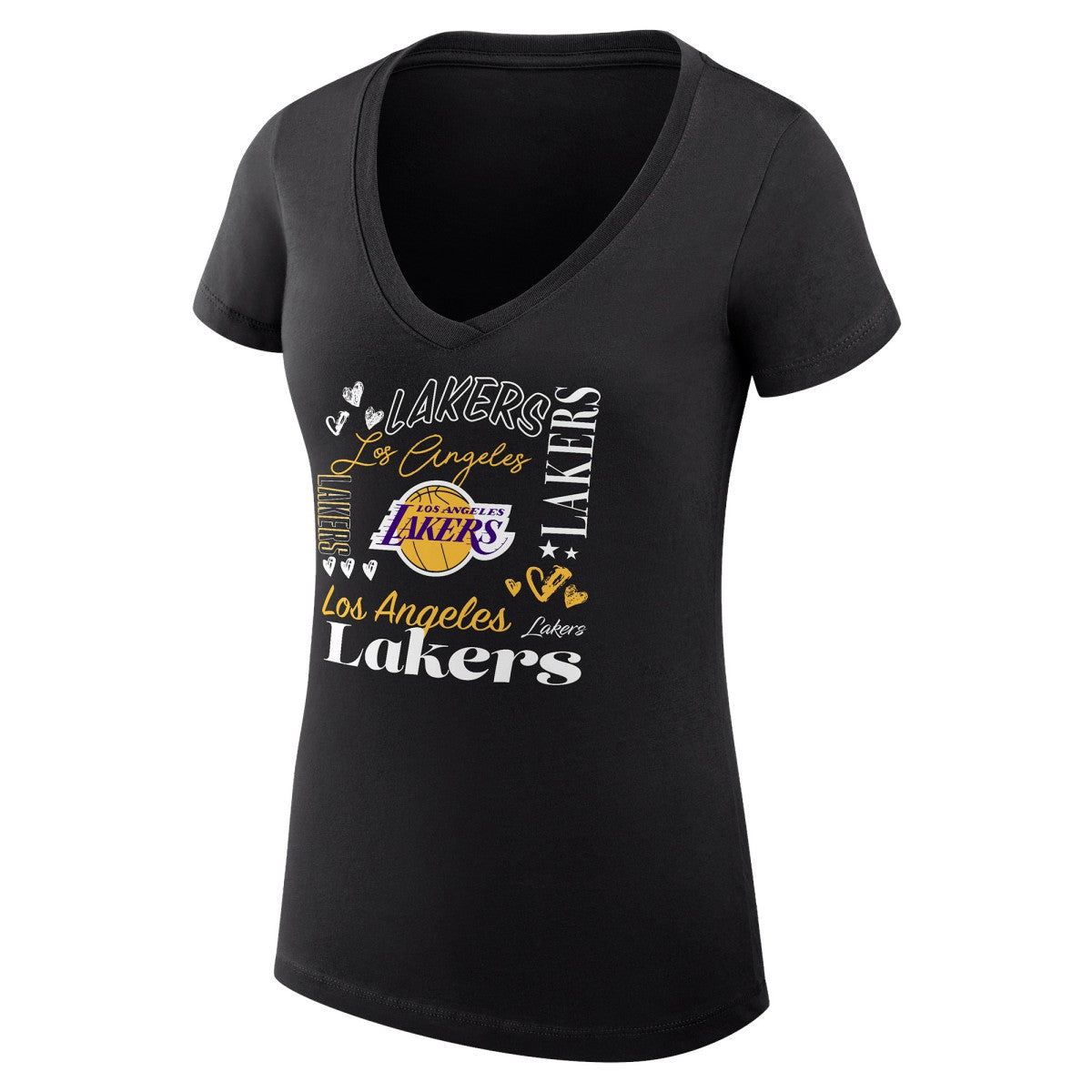 Los Angeles Lakers G-III 4Her by Carl Banks Women's Super-Slim Fit Lightweight Team Name Collage Graphic V-Neck T-Shirt - Black cheap