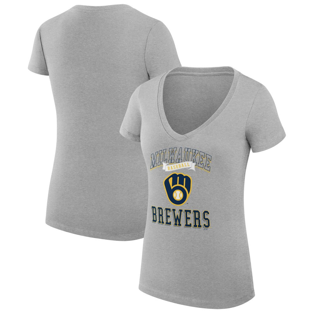Milwaukee Brewers G-III 4Her by Carl Banks Women's Super-Slim Fit Lightweight Team Logo Graphic V-Neck T-Shirt - Heather Gray