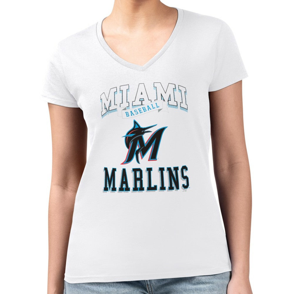 Miami Marlins G-III 4Her by Carl Banks Women's Super-Slim Fit Lightweight Team Logo Graphic V-Neck T-Shirt - White