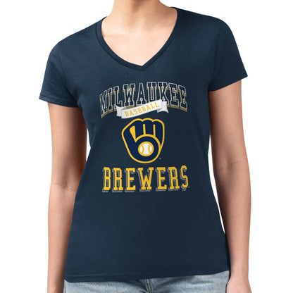 Milwaukee Brewers G-III 4Her by Carl Banks Women's Super-Slim Fit Lightweight Team Logo Graphic V-Neck T-Shirt - Navy