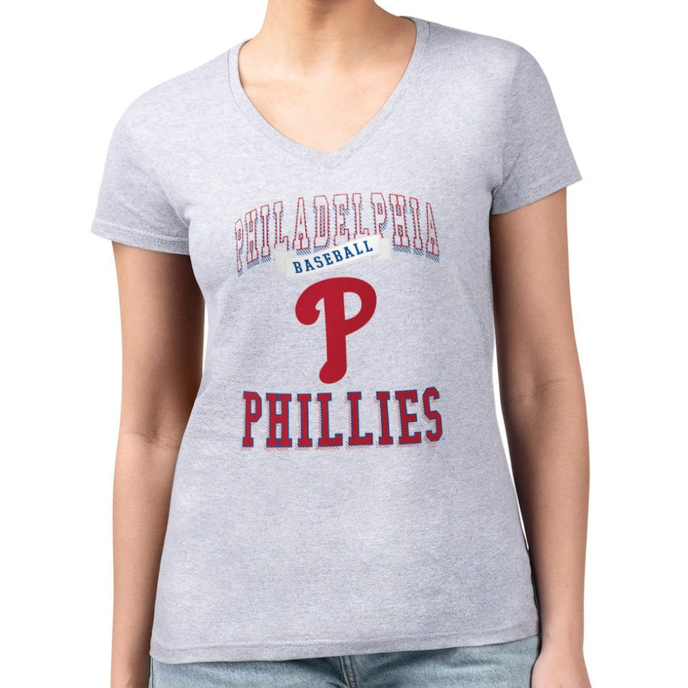 Philadelphia Phillies G-III 4Her by Carl Banks Women's Super-Slim Fit Lightweight Team Logo Graphic V-Neck T-Shirt - Heather Gray