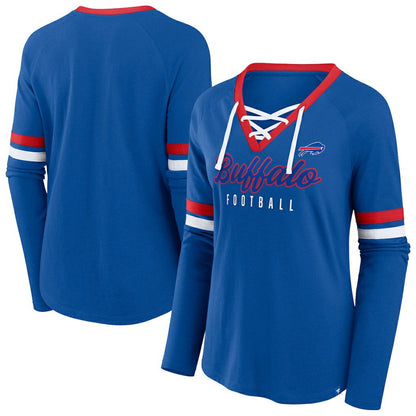 Buffalo Bills Women's Plus Size Won & Done Lace-Up V-Neck Long Sleeve T-Shirt - Royal outlet