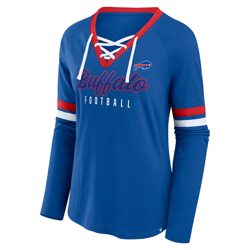 Buffalo Bills Women's Plus Size Won & Done Lace-Up V-Neck Long Sleeve T-Shirt - Royal outlet