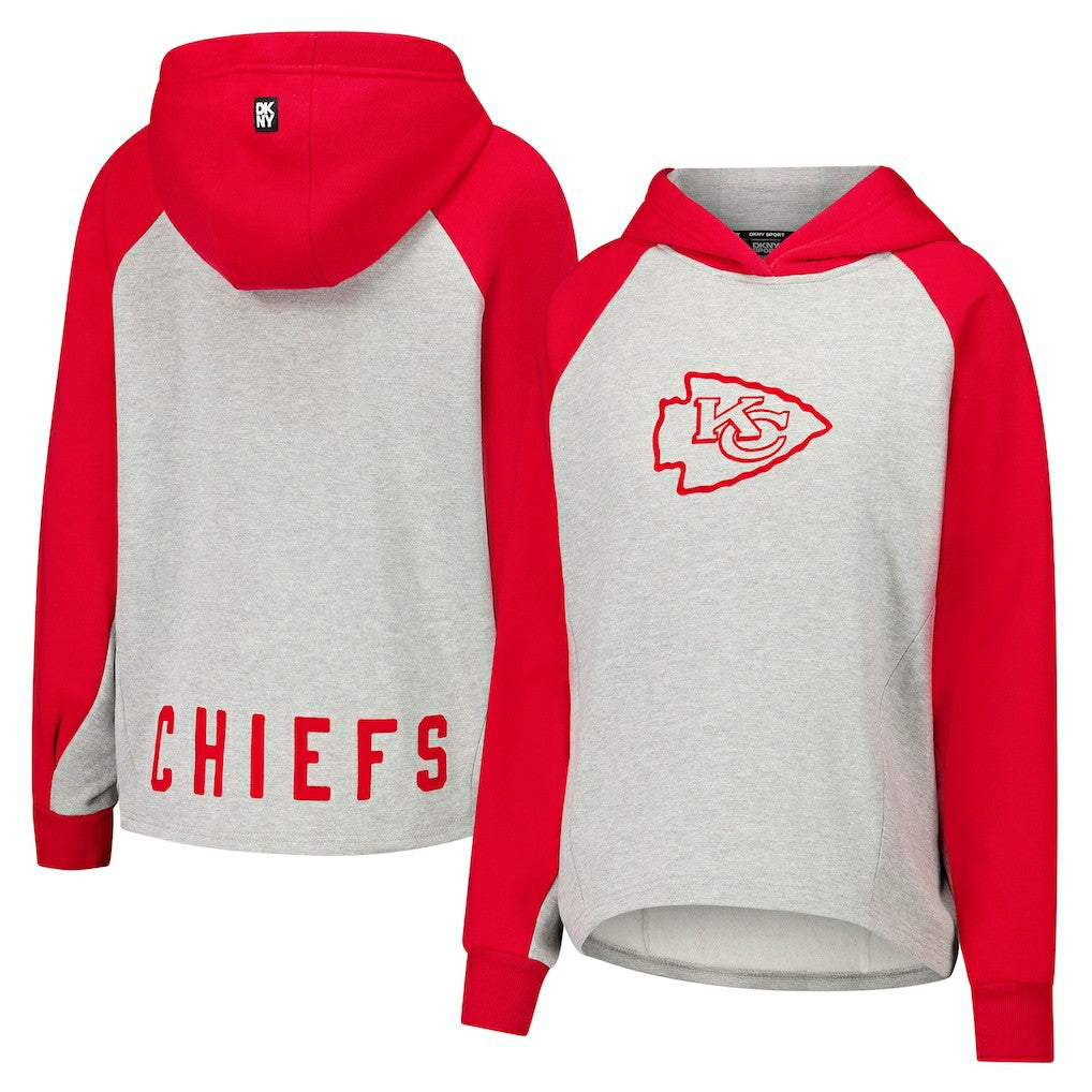 Kansas City Chiefs DKNY Sport Women's Joy Cropped Raglan Pullover Hoodie - Gray/Red for sale