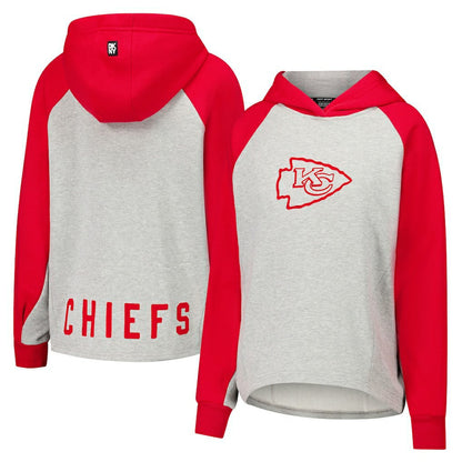 Kansas City Chiefs DKNY Sport Women's Joy Cropped Raglan Pullover Hoodie - Gray/Red for sale