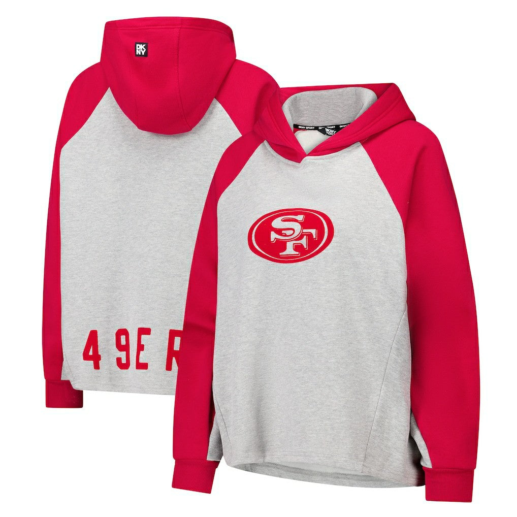 San Francisco 49ers DKNY Sport Women's Joy Cropped Raglan Pullover Hoodie - Gray/Scarlet cheap