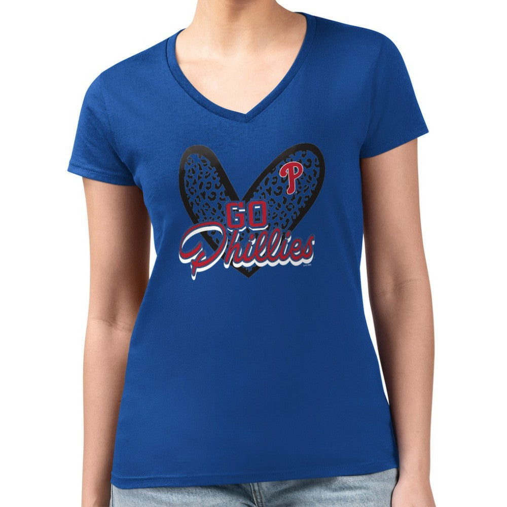 Philadelphia Phillies G-III 4Her by Carl Banks Women's Super-Slim Fit Lightweight Leopard Heart V-Neck T-Shirt - Royal