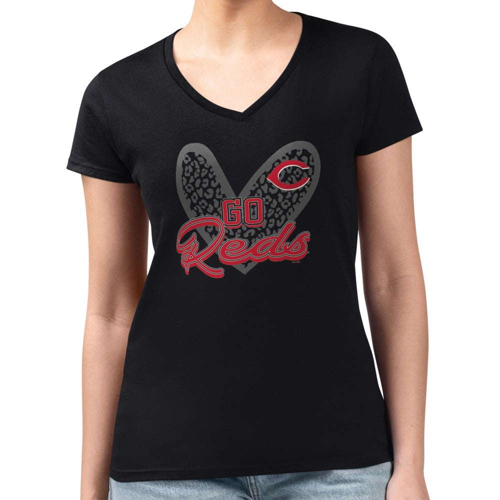Cincinnati Reds G-III 4Her by Carl Banks Women's Super-Slim Fit Lightweight Leopard Heart V-Neck T-Shirt - Black