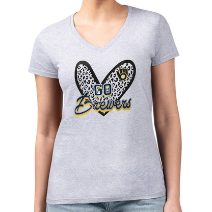 Milwaukee Brewers G-III 4Her by Carl Banks Women's Super-Slim Fit Lightweight Leopard Heart V-Neck T-Shirt - Heather Gray