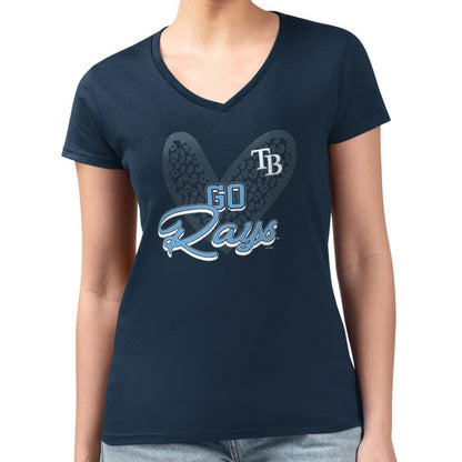 Tampa Bay Rays G-III 4Her by Carl Banks Women's Super-Slim Fit Lightweight Leopard Heart V-Neck T-Shirt - Navy