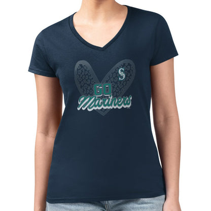 Seattle Mariners G-III 4Her by Carl Banks Women's Super-Slim Fit Lightweight Leopard Heart V-Neck T-Shirt - Navy