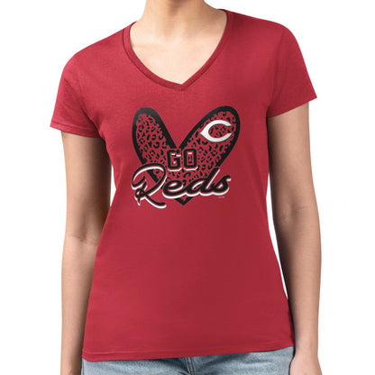 Cincinnati Reds G-III 4Her by Carl Banks Women's Super-Slim Fit Lightweight Leopard Heart V-Neck T-Shirt - Red