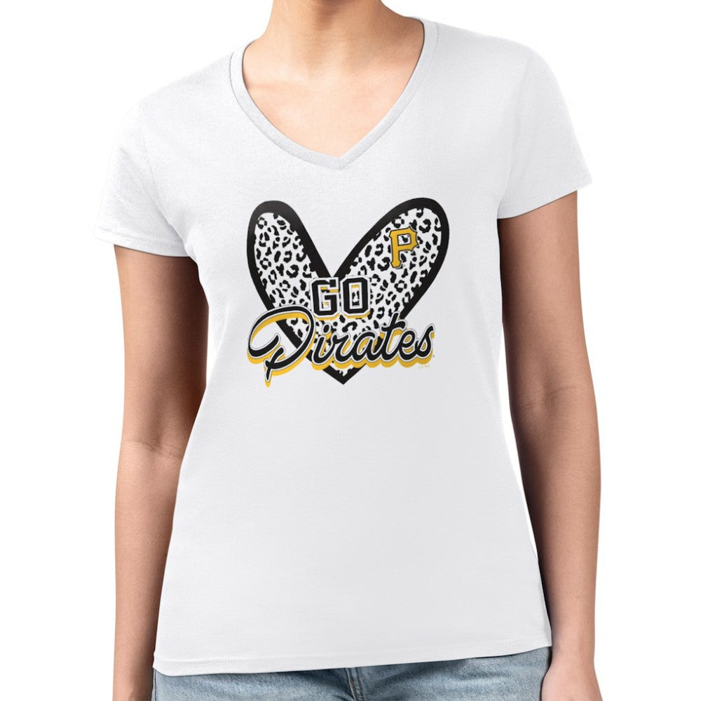 Pittsburgh Pirates G-III 4Her by Carl Banks Women's Super-Slim Fit Lightweight Leopard Heart V-Neck T-Shirt - White