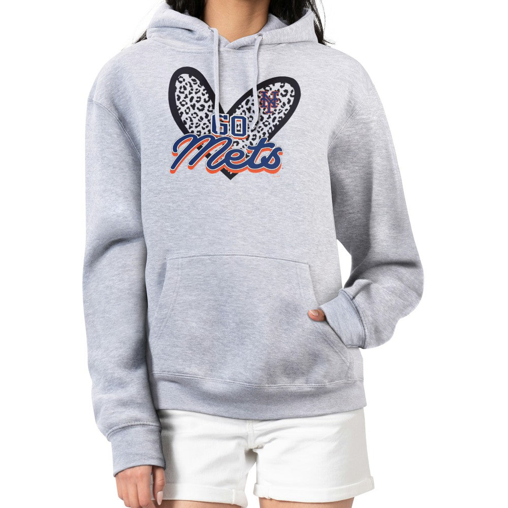 New York Mets G-III 4Her by Carl Banks Women's Leopard Heart Pullover Hoodie - Heather Gray