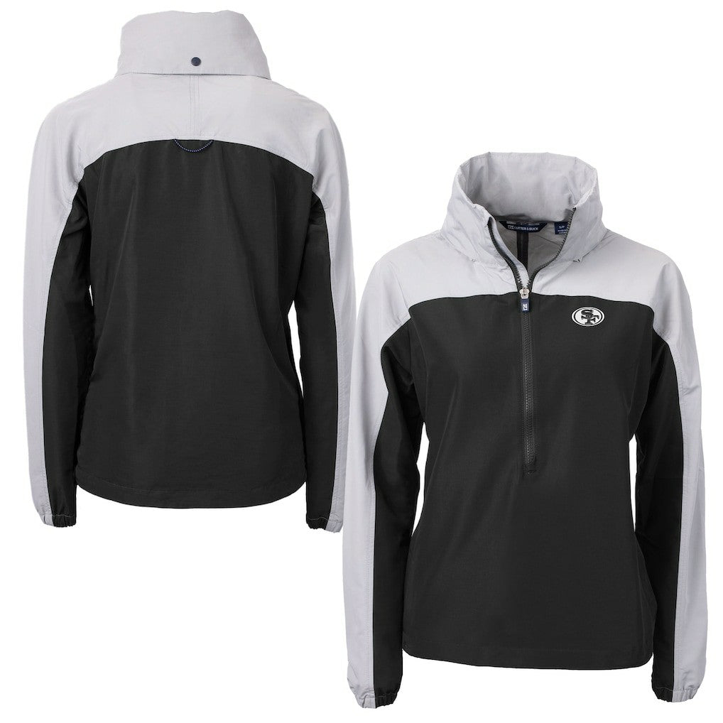 San Francisco 49ers Cutter & Buck Women's Charter Eco Recycled Half-Zip Hoodie Anorak Jacket - Black/Gray on sale