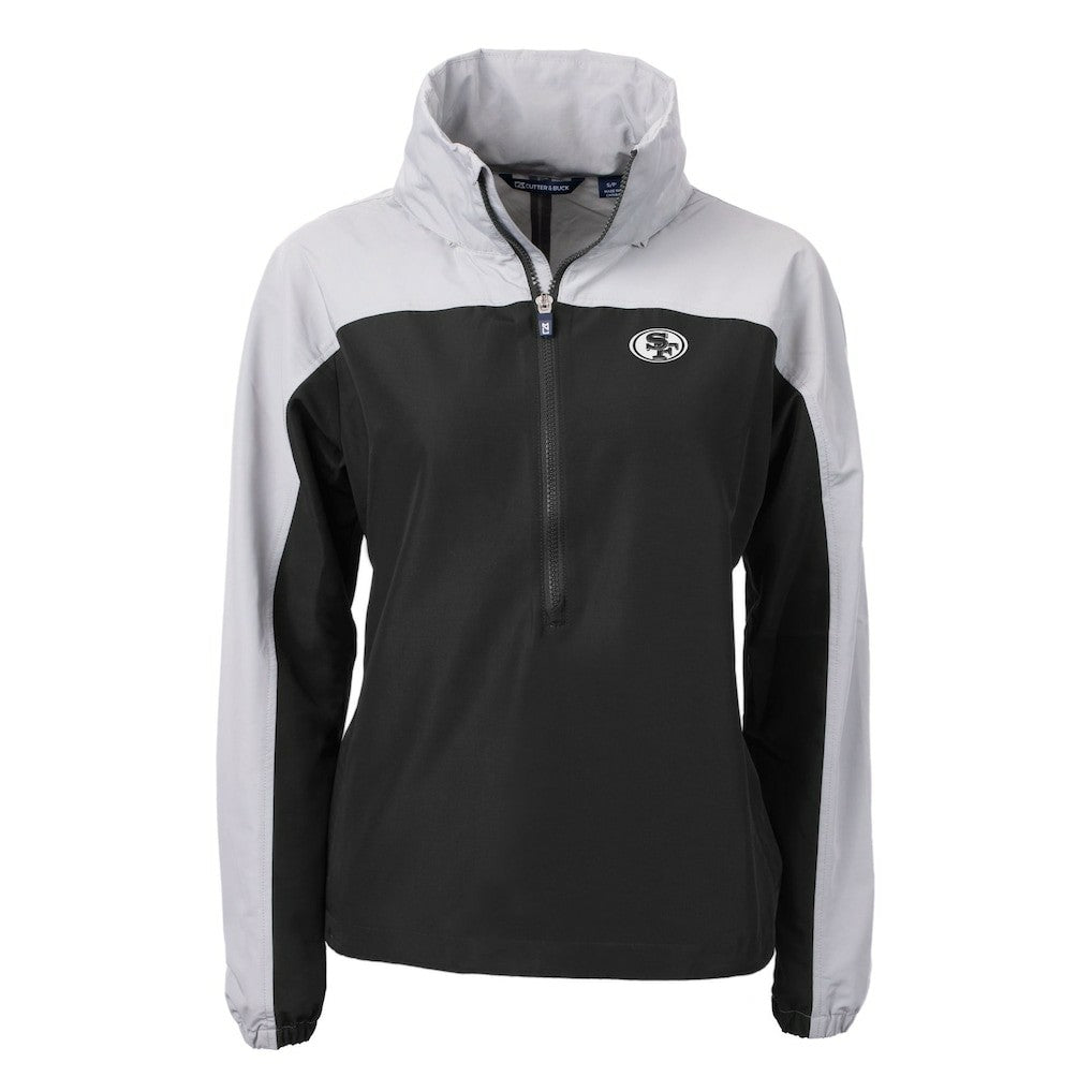San Francisco 49ers Cutter & Buck Women's Charter Eco Recycled Half-Zip Hoodie Anorak Jacket - Black/Gray on sale