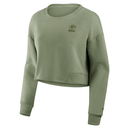 Green Bay Packers Women's Studio Tri-Blend Cropped Pullover Sweatshirt - Olive on sale