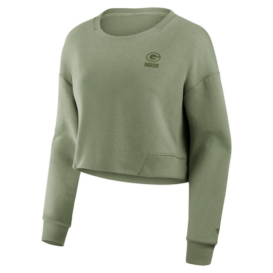 Green Bay Packers Women's Studio Tri-Blend Cropped Pullover Sweatshirt - Olive on sale