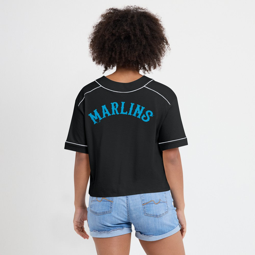 Miami Marlins Women's Oversized Champ Game Cropped  V-Neck T-Shirt - Black