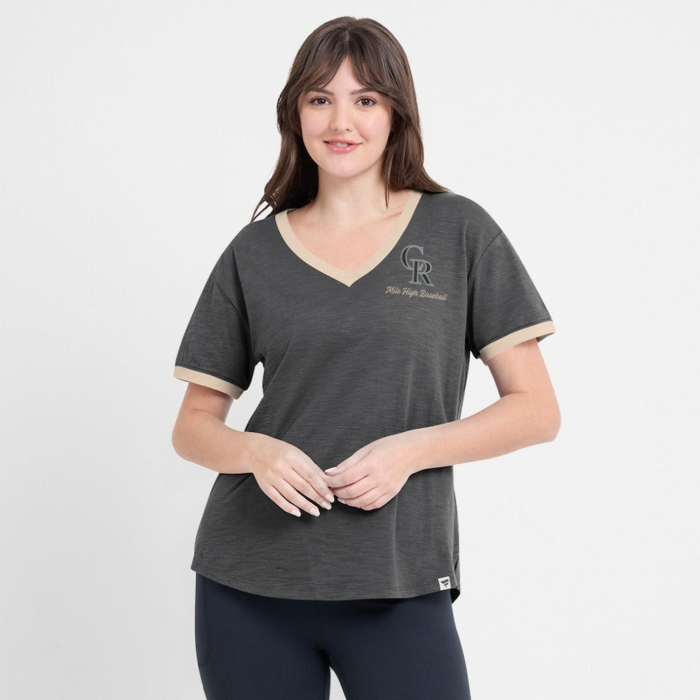 Colorado Rockies Women's Binge Worthy Stadium Slub V-Neck T-Shirt - Black
