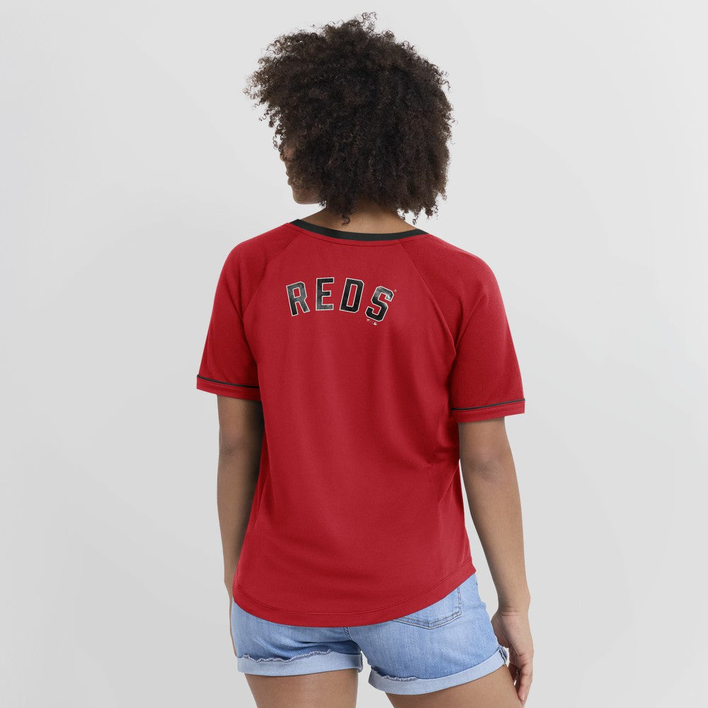 Cincinnati Reds Women's Cooperstown Collection League Diva Raglan V-Neck T-Shirt - Red