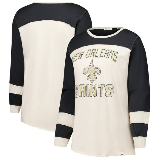 New Orleans Saints '47 Women's Plus Size Double Header Curve Toni Long Sleeve T-Shirt - Cream/Black discount