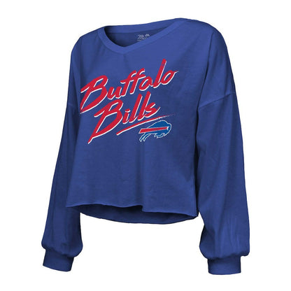 Keon Coleman Buffalo Bills Majestic Threads Women's Name & Number Off-Shoulder Script Cropped Long Sleeve V-Neck T-Shirt - Royal cheap