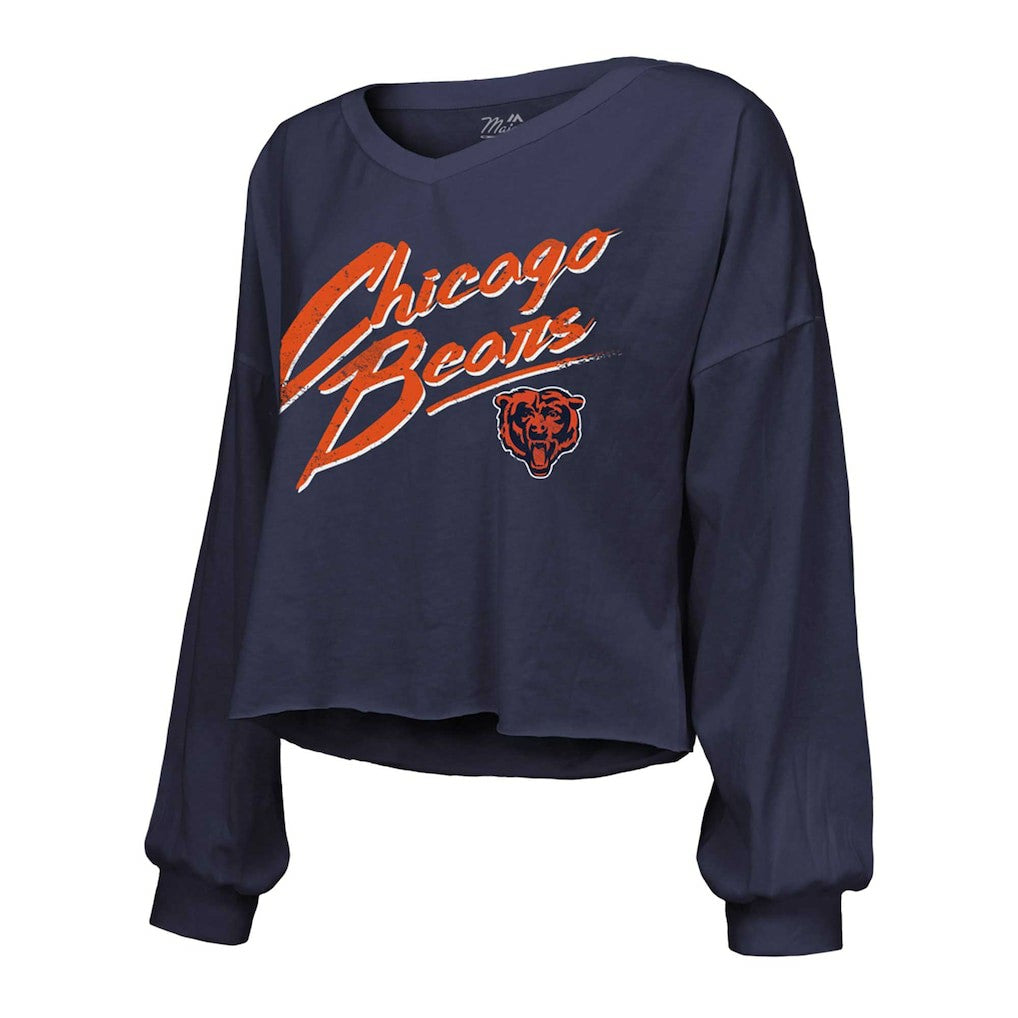 Caleb Williams Chicago Bears Majestic Threads Women's Name & Number Off-Shoulder Script Cropped Long Sleeve Relaxed V-Neck T-Shirt - Navy outlet