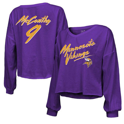 J.J. McCarthy Minnesota Vikings Majestic Threads Women's Name & Number Off-Shoulder Script Cropped Long Sleeve V-Neck T-Shirt - Purple for sale