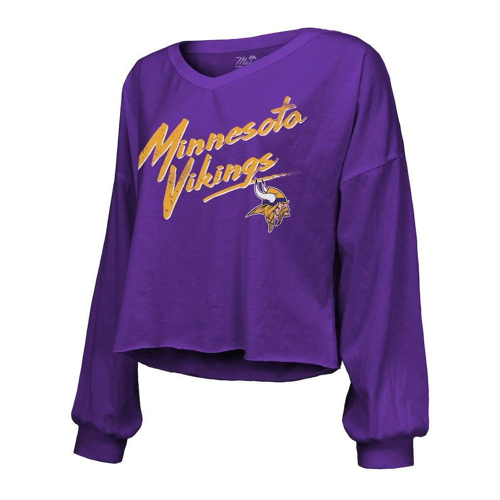 J.J. McCarthy Minnesota Vikings Majestic Threads Women's Name & Number Off-Shoulder Script Cropped Long Sleeve V-Neck T-Shirt - Purple for sale