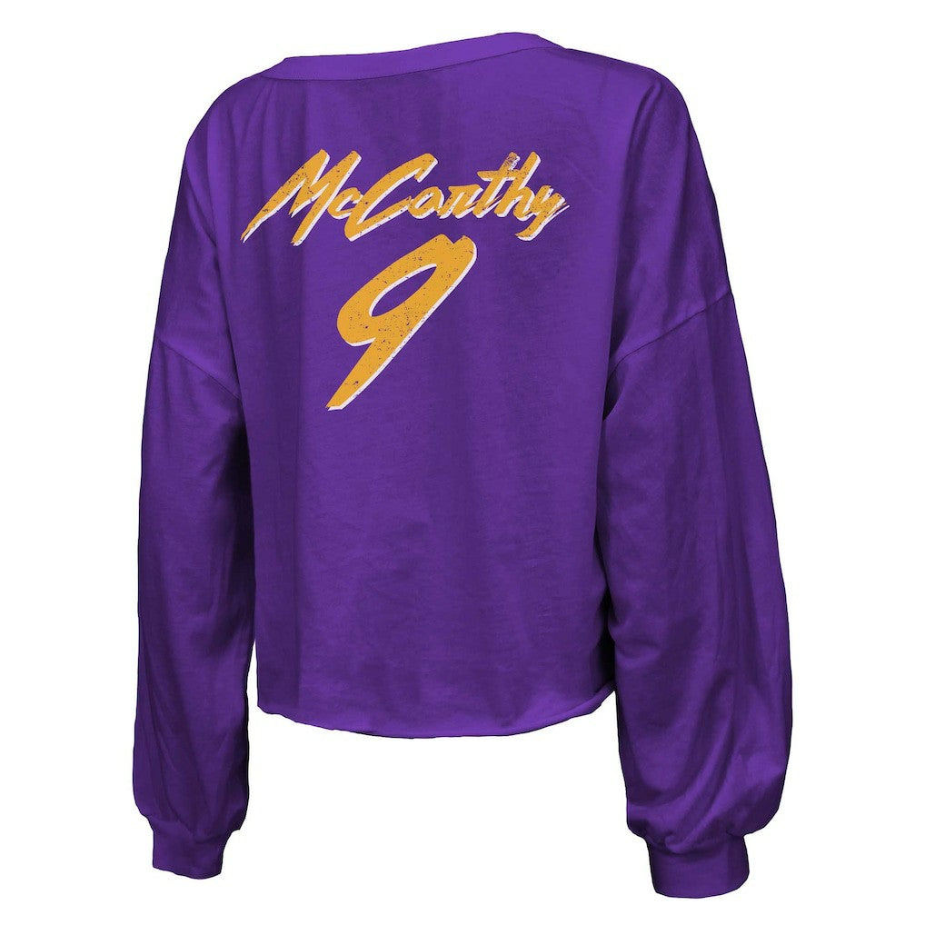 J.J. McCarthy Minnesota Vikings Majestic Threads Women's Name & Number Off-Shoulder Script Cropped Long Sleeve V-Neck T-Shirt - Purple for sale