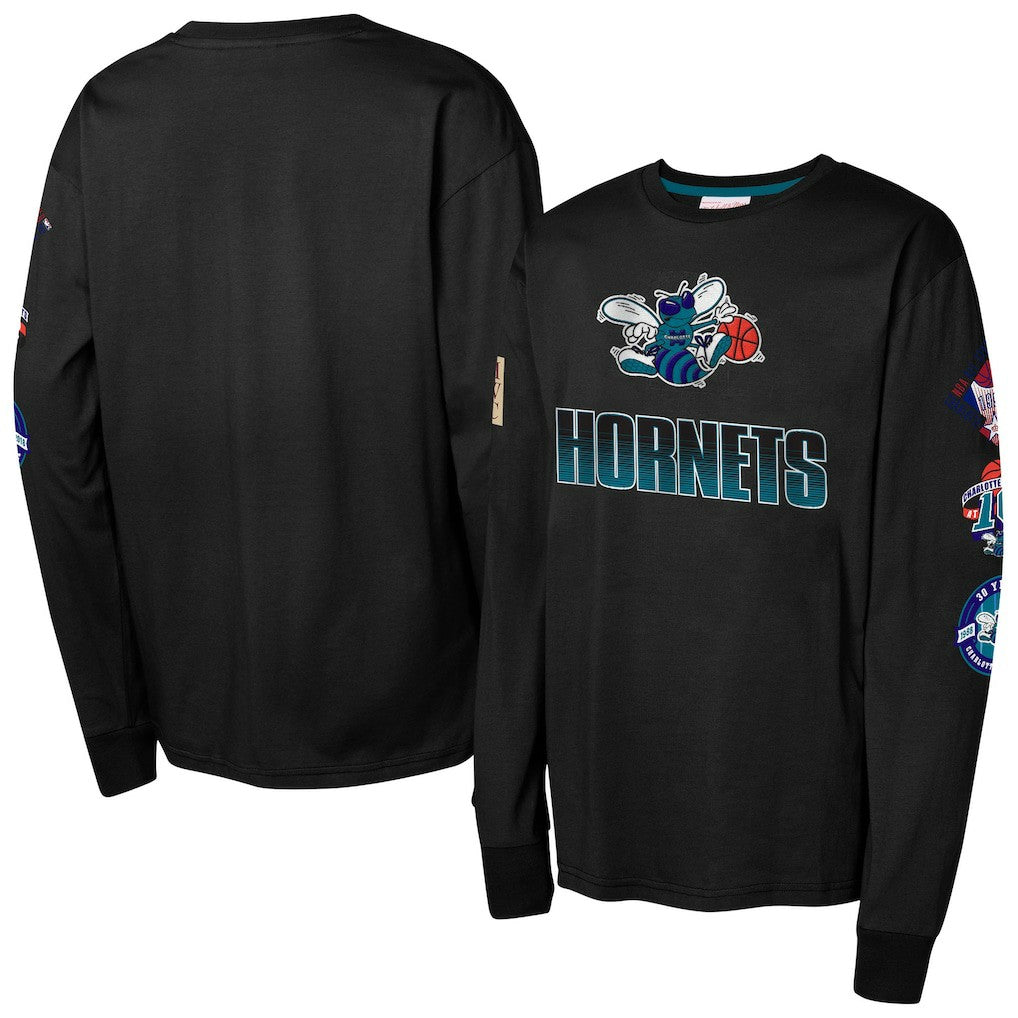 Charlotte Hornets Youth Hardwood Classic All Over Long Sleeve T-Shirt - Black | Mitchell & Ness sale