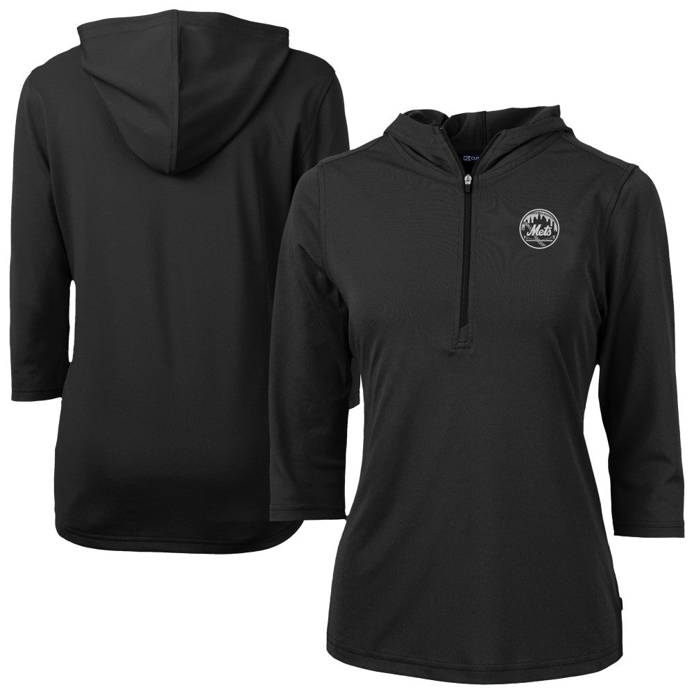 New York Mets Cutter & Buck Women's Virtue Eco Pique Half-Zip 3/4 Sleeve Pullover Hoodie - Black
