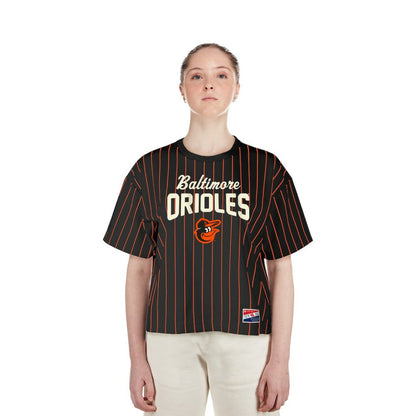 Baltimore Orioles Women's Cooperstown Collection Multiplier Pinstripe Cropped T-Shirt - Black | New Era