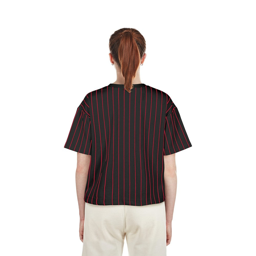 Cincinnati Reds Women's Cooperstown Collection Multiplier Pinstripe Cropped T-Shirt - Black | New Era