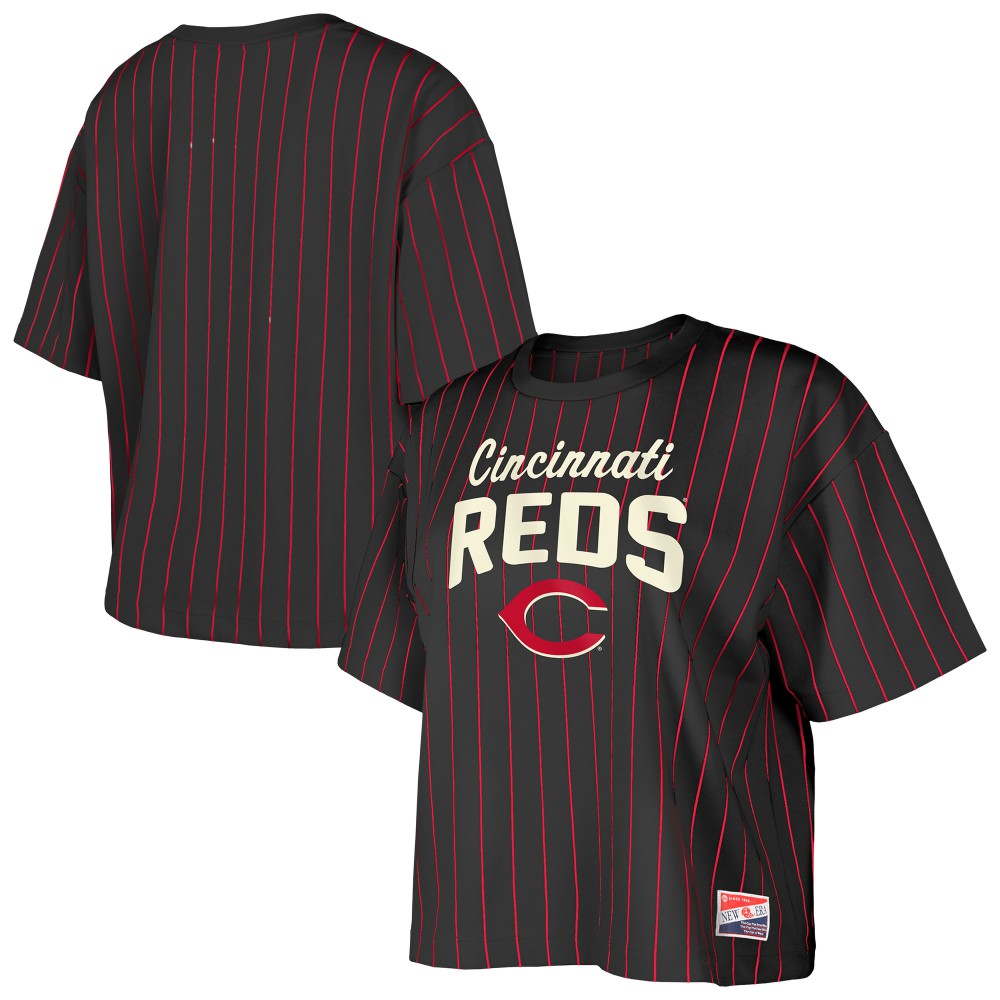 Cincinnati Reds Women's Cooperstown Collection Multiplier Pinstripe Cropped T-Shirt - Black | New Era
