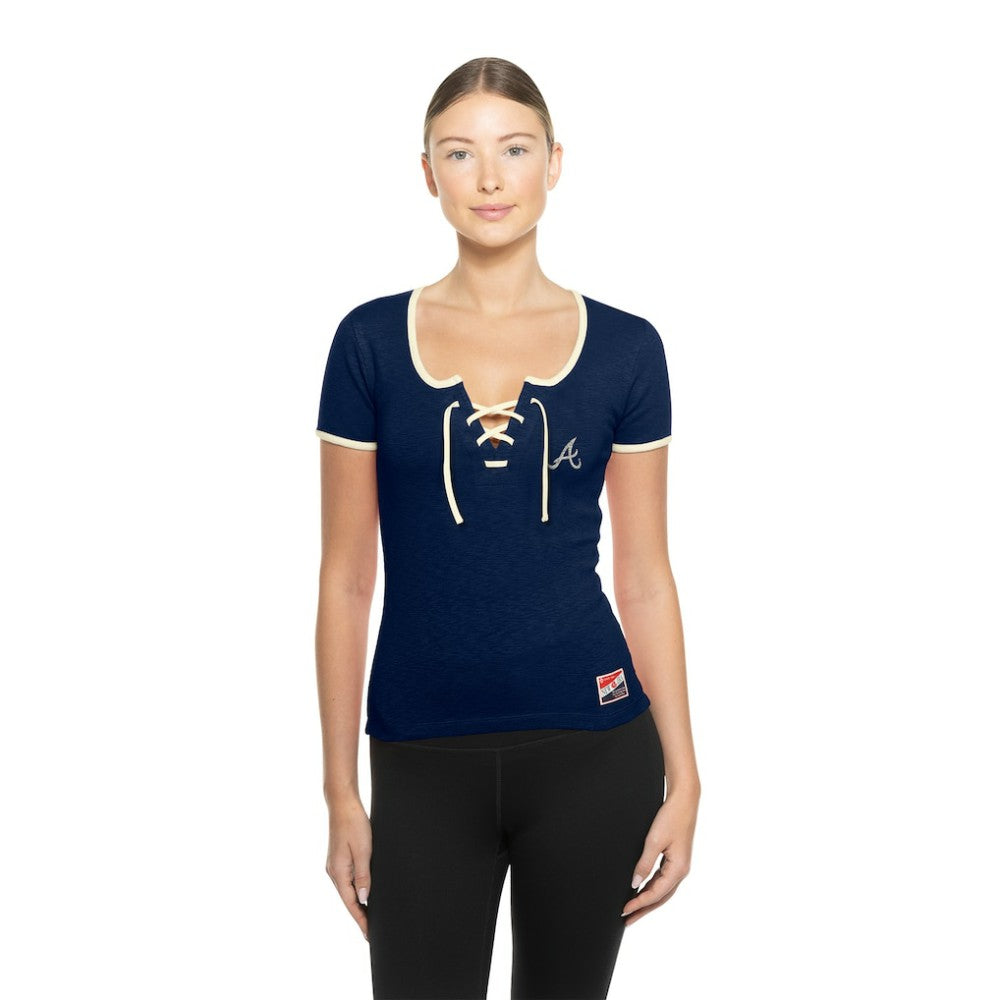 Atlanta Braves Women's Throwback Lace Up T-Shirt - Navy | New Era