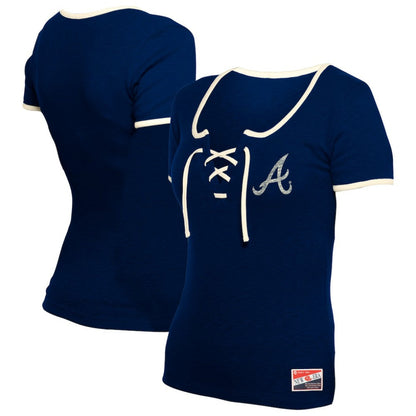 Atlanta Braves Women's Throwback Lace Up T-Shirt - Navy | New Era