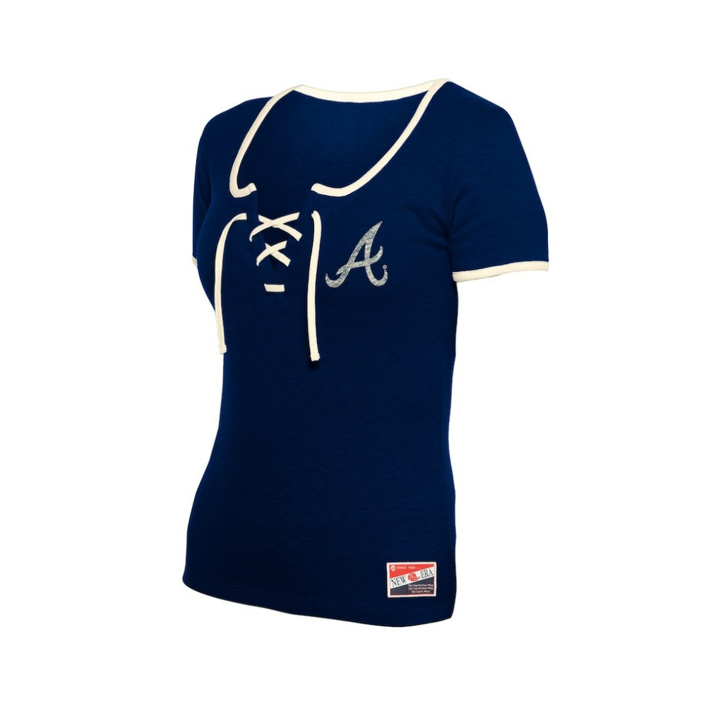Atlanta Braves Women's Throwback Lace Up T-Shirt - Navy | New Era