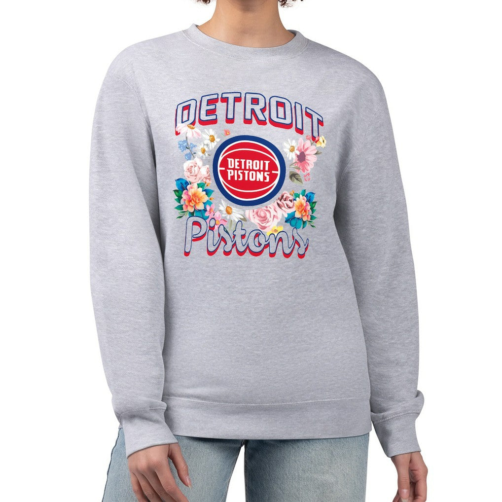 Detroit Pistons G-III 4Her by Carl Banks Women's Flowers Team Logo Graphic Fleece Crewneck Pullover Sweatshirt sale - Heather Gray outlet