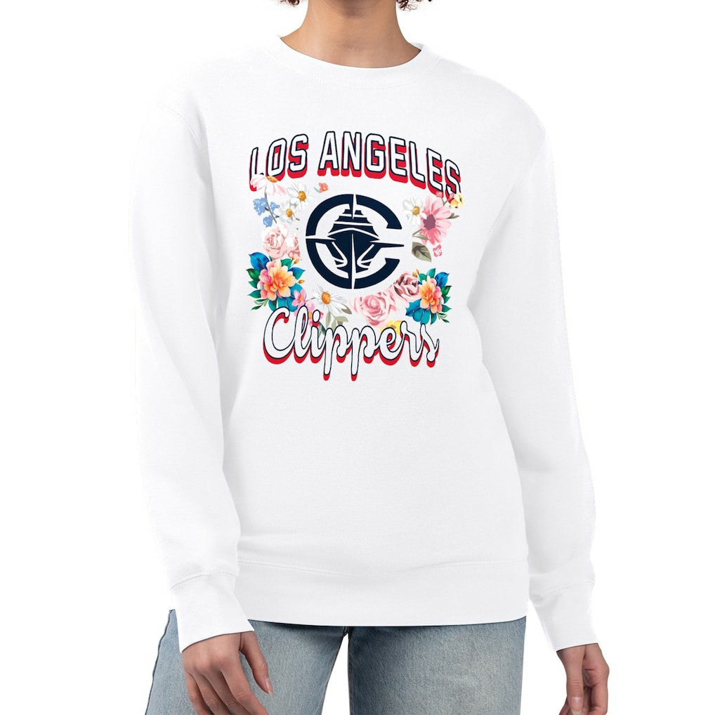LA Clippers G-III 4Her by Carl Banks Women's Flowers Team Logo Graphic Fleece Crewneck Pullover Sweatshirt - White sale