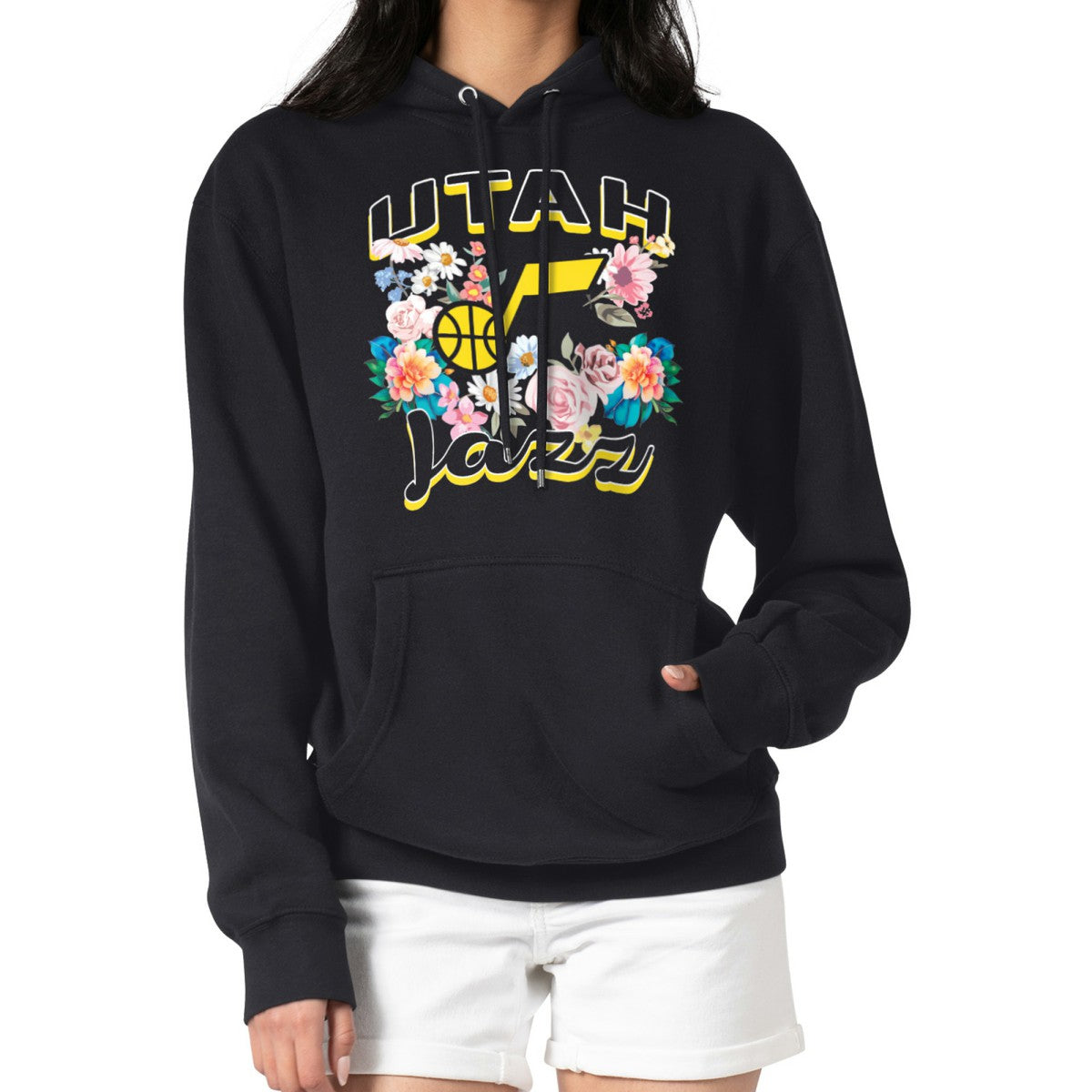 Utah Jazz G-III 4Her by Carl Banks Women's Flowers Team Logo Graphic Fleece Pullover Hoodie - Black on sale