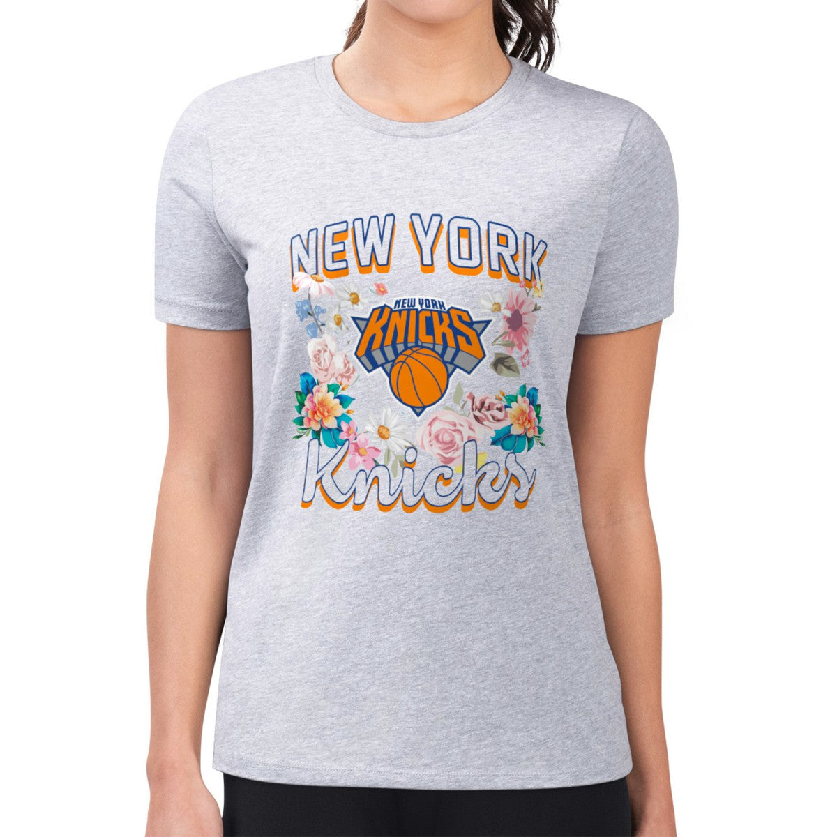 New York Knicks G-III 4Her by Carl Banks Women's Super-Slim Fit Lightweight Flowers Team Logo Graphic T-Shirt - Heather Gray discount