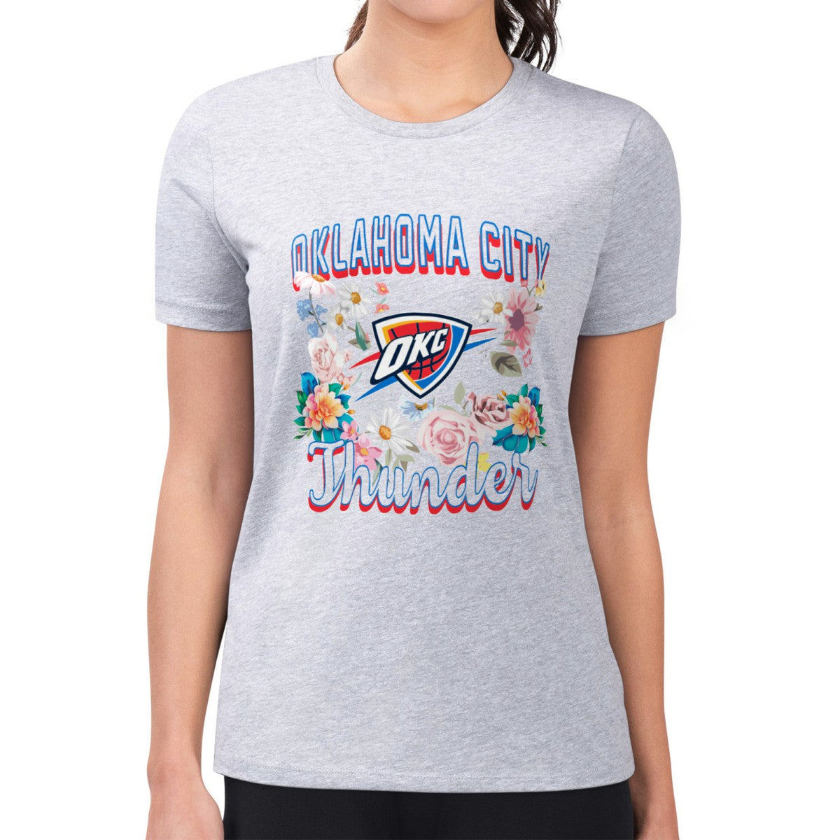 Oklahoma City Thunder G-III 4Her by Carl Banks Women's Super-Slim Fit Lightweight Flowers Team Logo Graphic T-Shirt - Heather Gray for sale