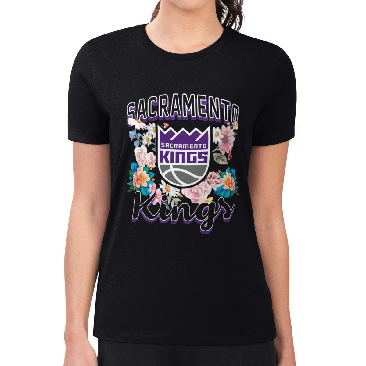 Sacramento Kings G-III 4Her by Carl Banks Women's Super-Slim Fit Lightweight Flowers Team Logo Graphic T-Shirt - Black for sale