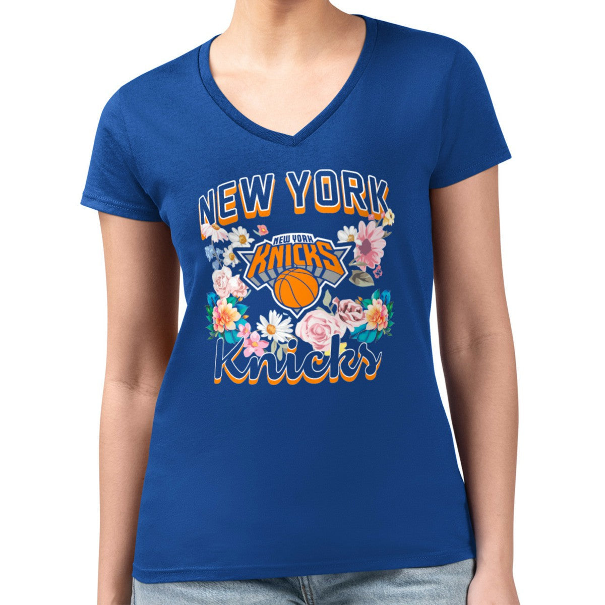 New York Knicks G-III 4Her by Carl Banks Women's Super-Slim Fit Lightweight Flowers Team Logo Graphic V-Neck T-Shirt - Blue on sale