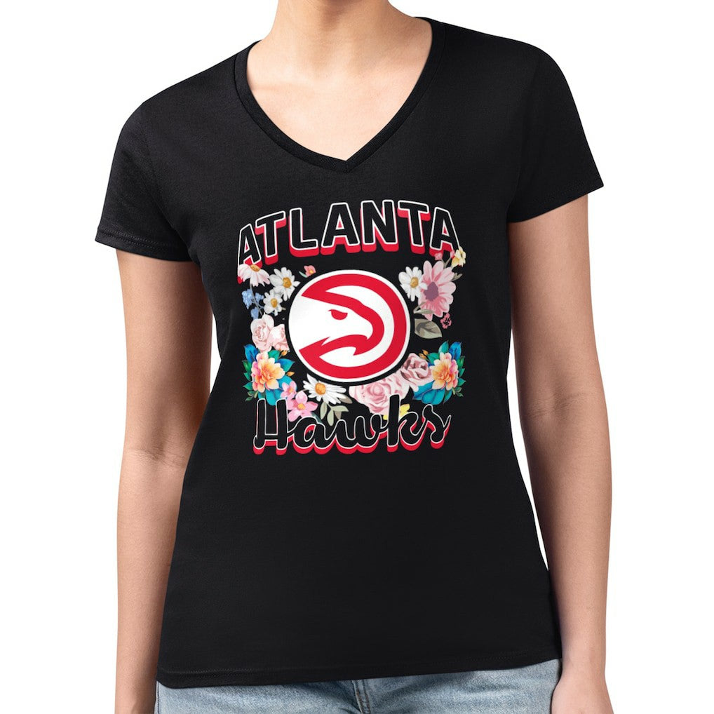 Atlanta Hawks G-III 4Her by Carl Banks Women's Super-Slim Fit Lightweight Flowers Team Logo Graphic V-Neck T-Shirt - Black discount